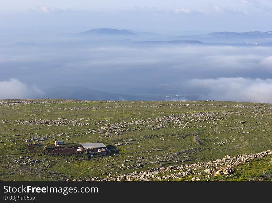 The north of Israel, Galilee mountain, foggy morning, departure from Zefat. The north of Israel, Galilee mountain, foggy morning, departure from Zefat