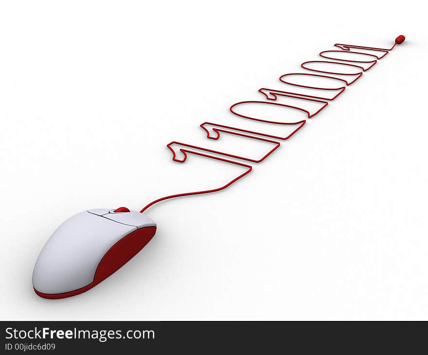 3d rendering illustration of a computer mouse cable creating binary code. A clipping path is included for easy editing.