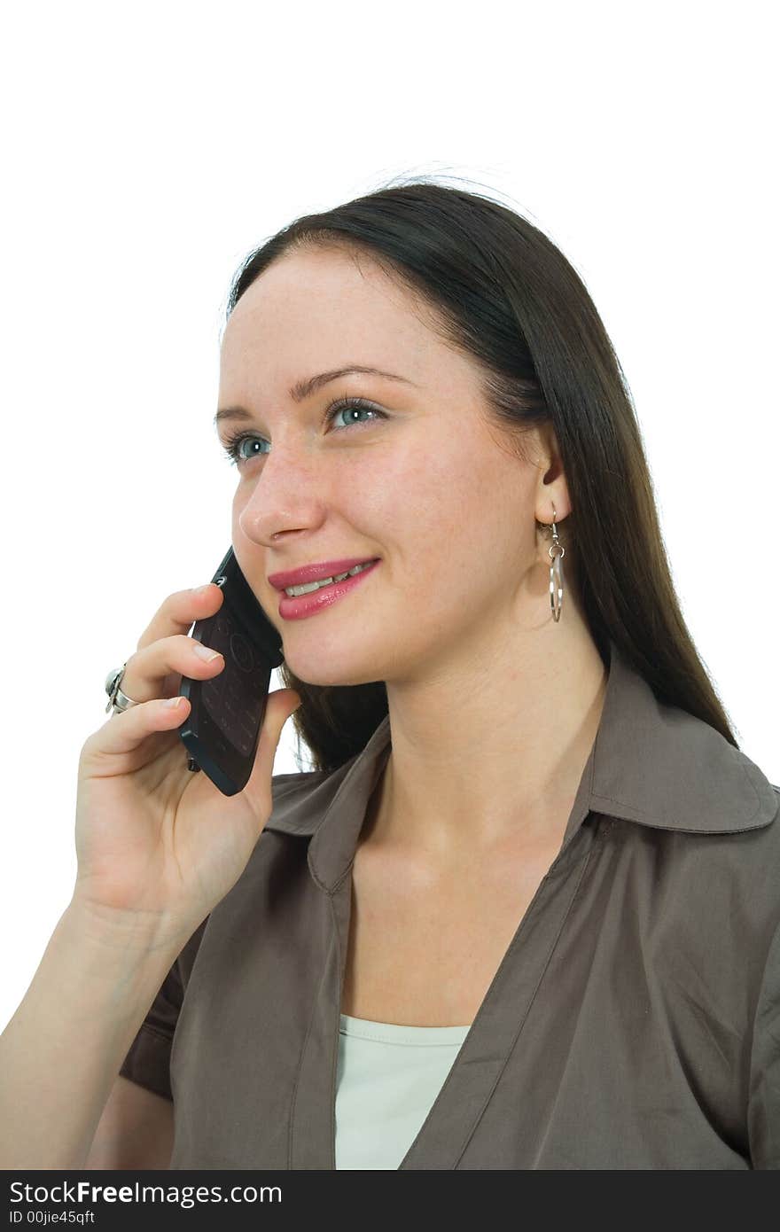 Business woman rings on mobile phone on white background