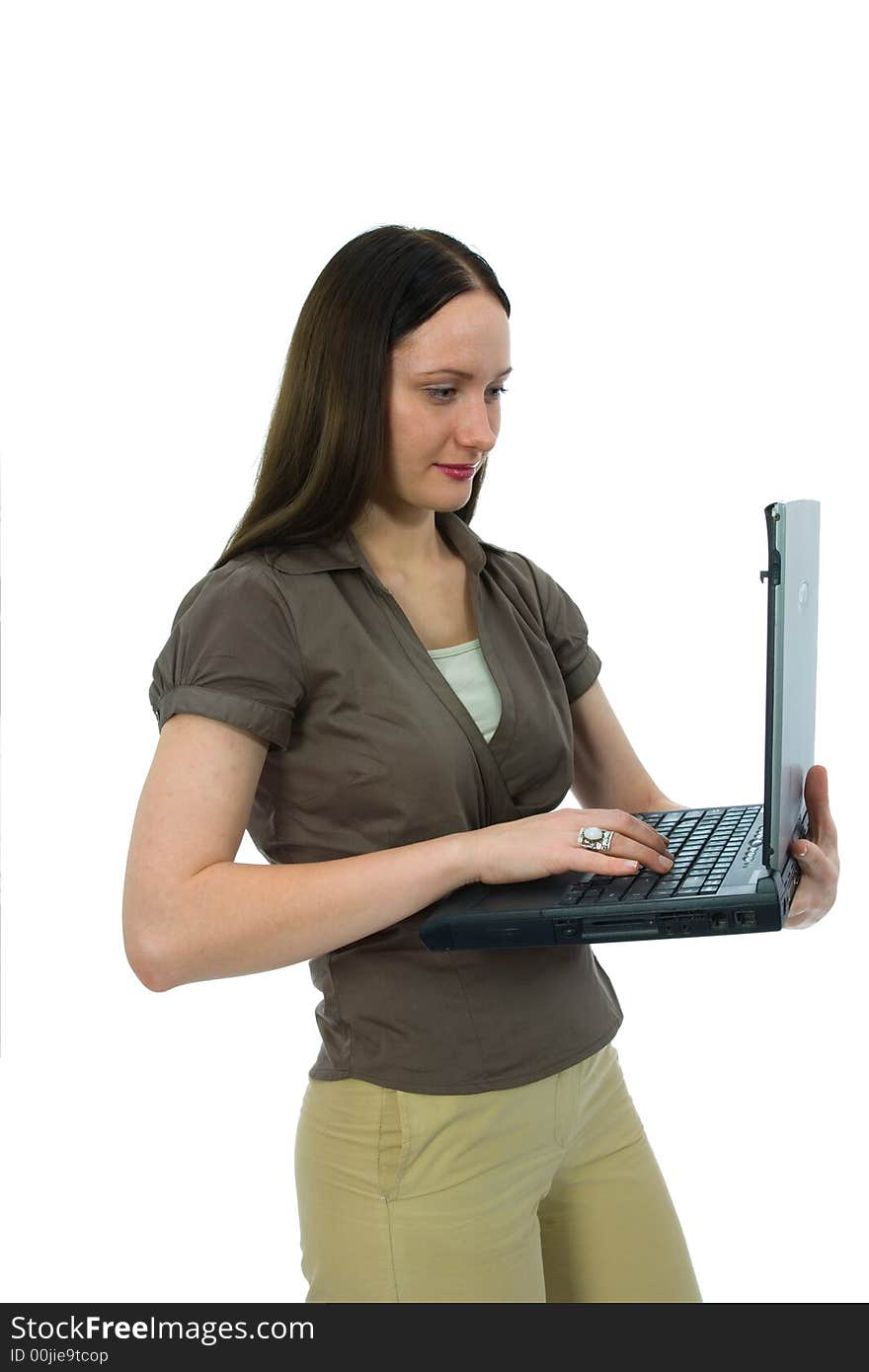 Business woman and laptop on white background