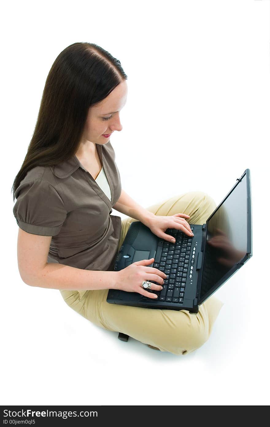 Business woman and laptop on white background