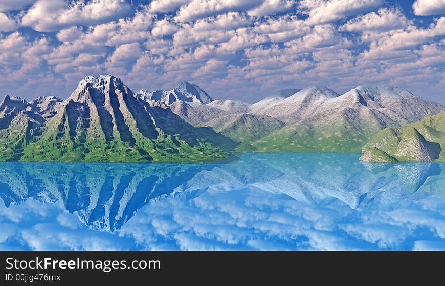 High mountain tops reflected in water - 3d illustration. High mountain tops reflected in water - 3d illustration