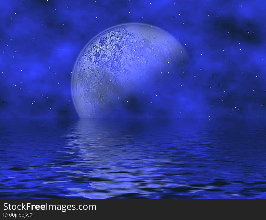 Beautiful Royal Blue Fantasy Background With Moon & Stars Overlooking The Water. Beautiful Royal Blue Fantasy Background With Moon & Stars Overlooking The Water