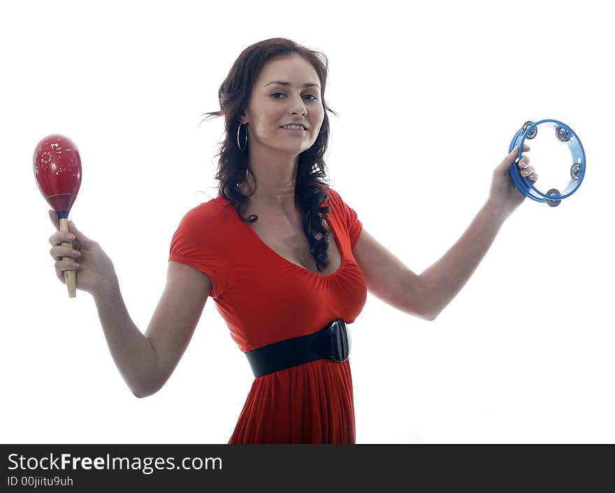 Pretty music girl against white background