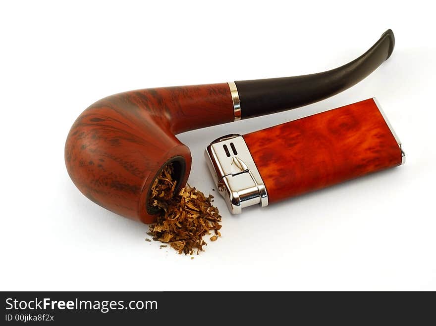 The tobacco-pipe and lighter are photographed close up on a white background. The tobacco-pipe and lighter are photographed close up on a white background