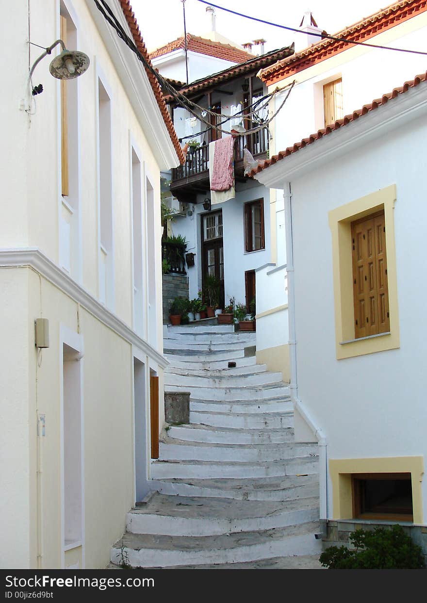 White building with white stairs. White building with white stairs