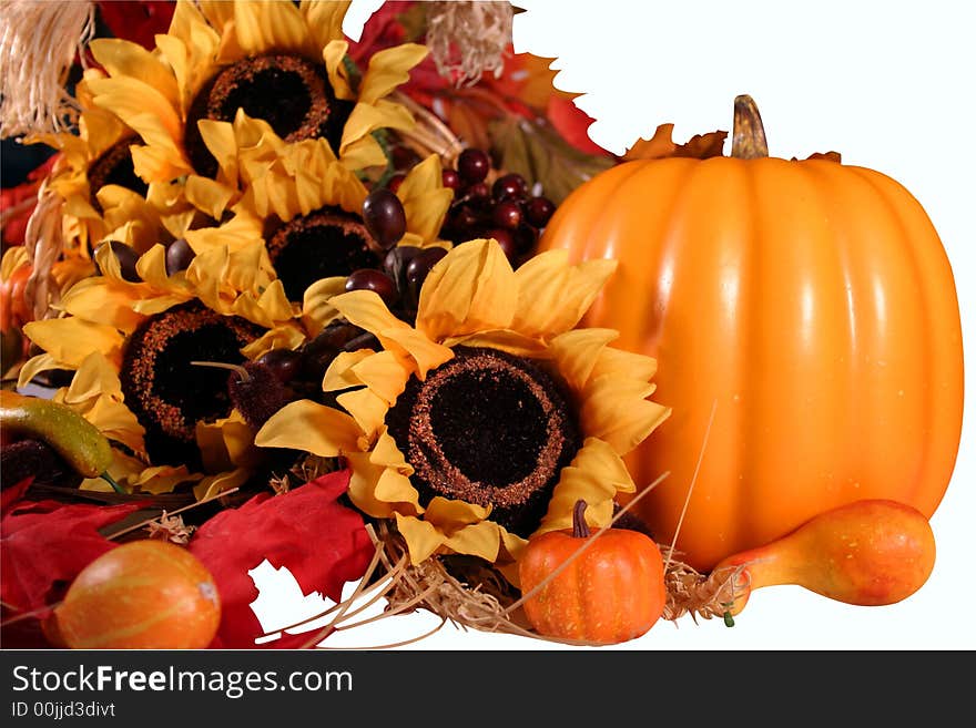 Arrangement of sunflowers, pumpkins, grapes, fall leaves, straw. Arrangement of sunflowers, pumpkins, grapes, fall leaves, straw