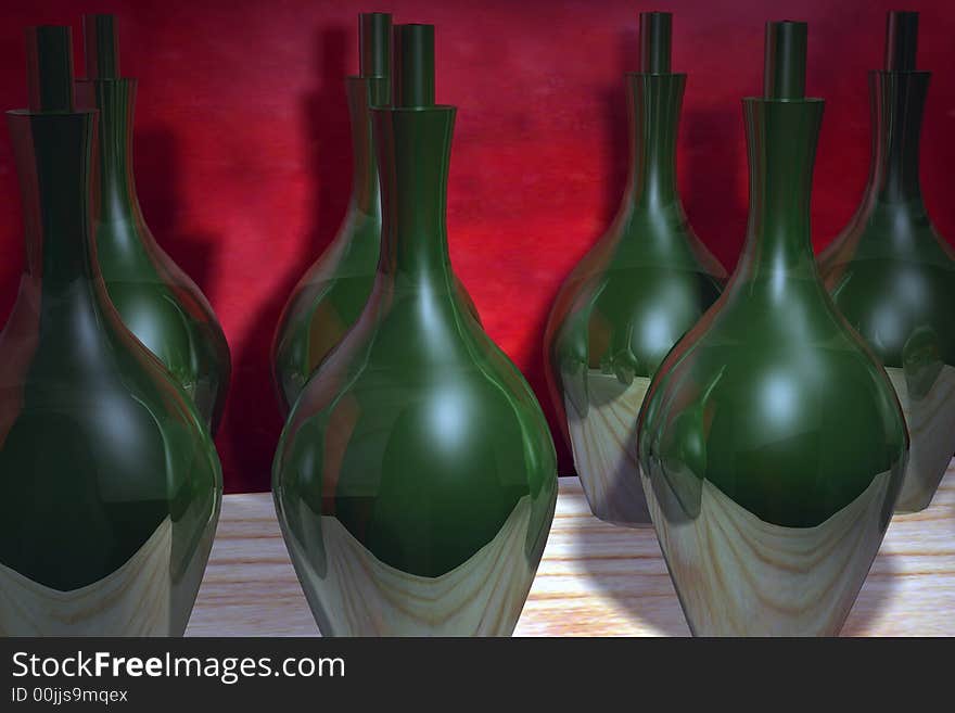 Green bottles reflections making a work of art