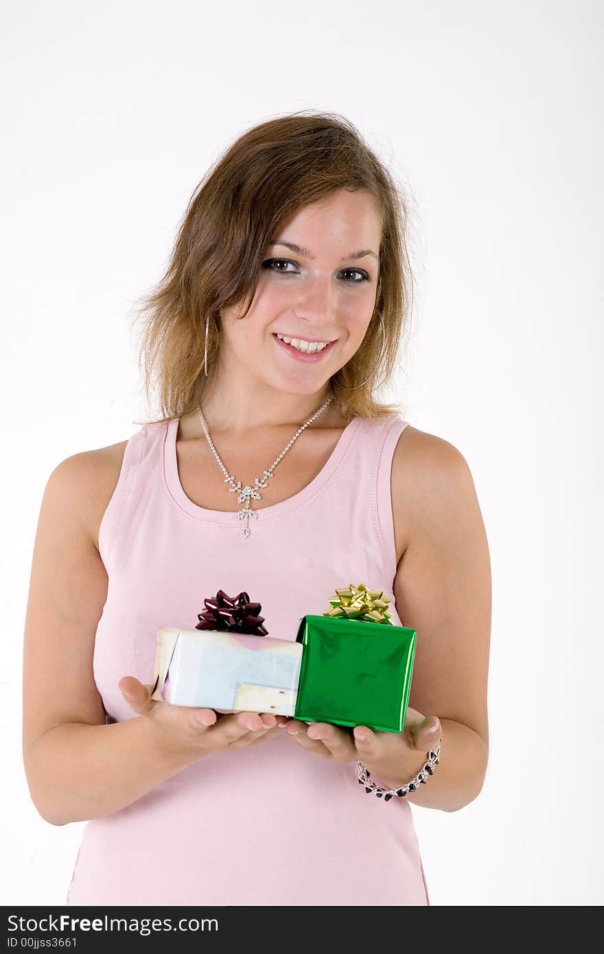 Girl with gift box, isolated