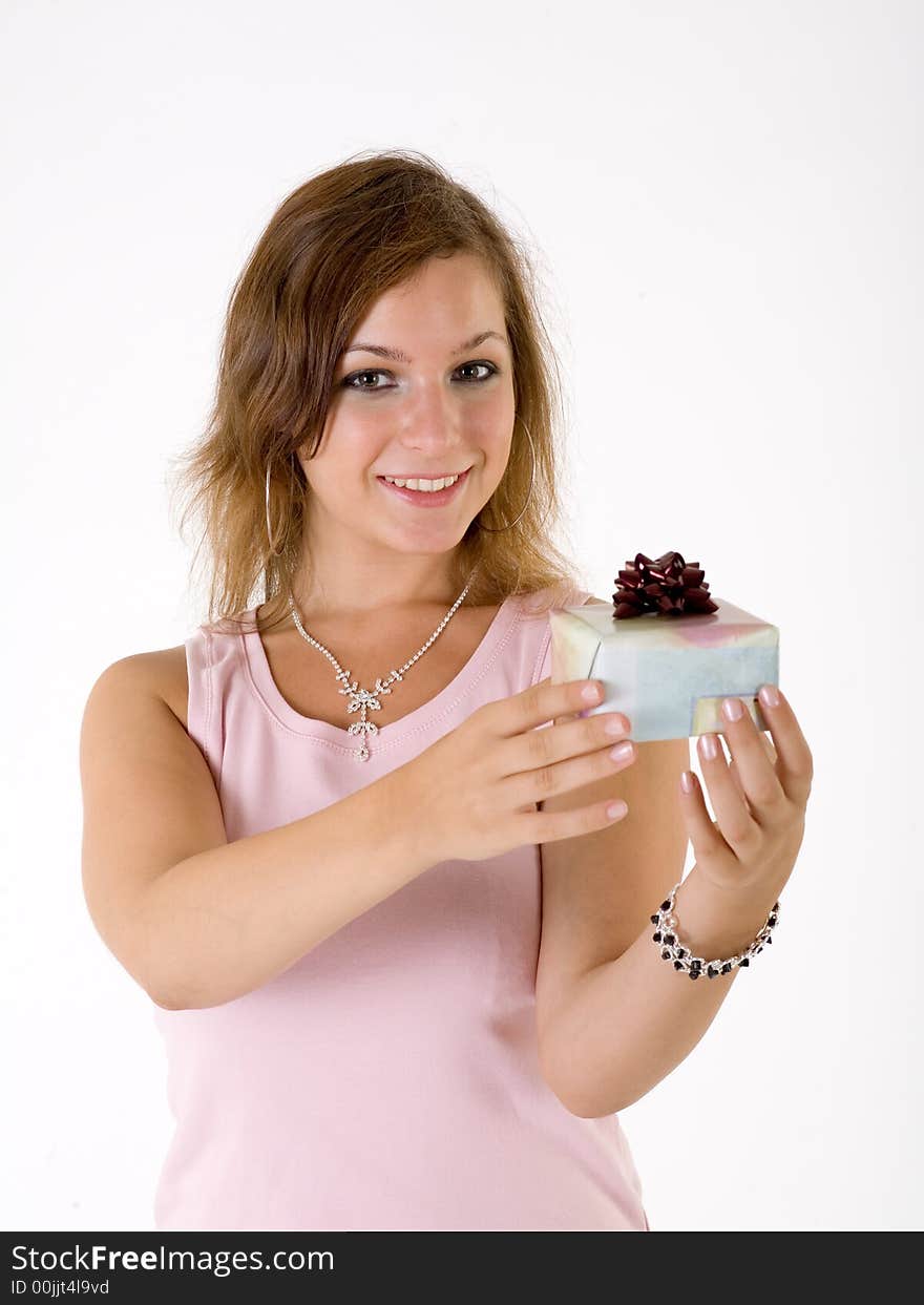 Girl with gift box, isolated