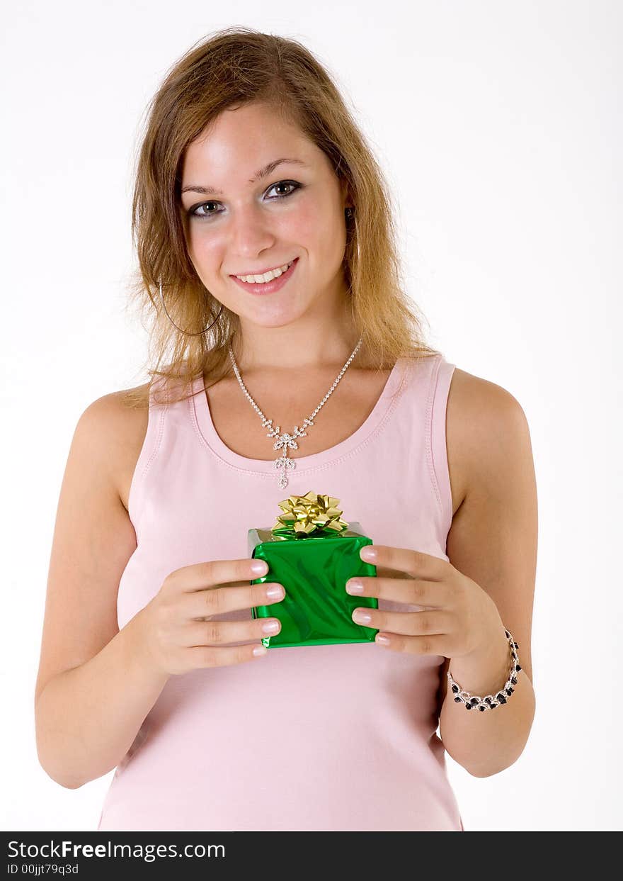 Girl with gift box, isolated