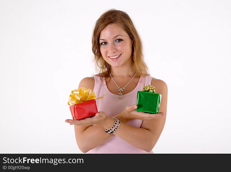 Girl with gift box, isolated