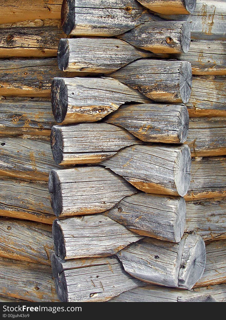 Detail of the exterior of an old log cabin. Detail of the exterior of an old log cabin