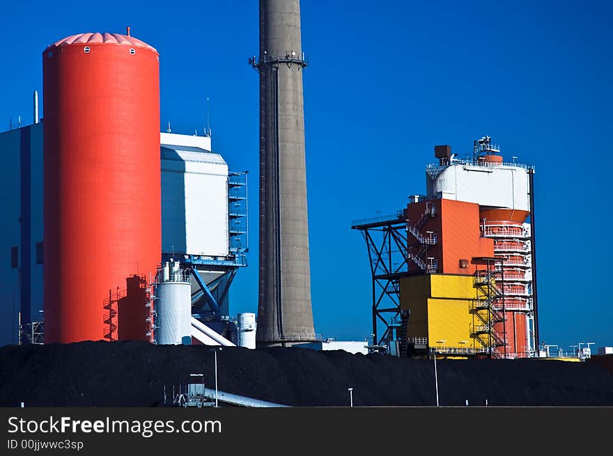 A brightly coloured liquid gas storage installation. A brightly coloured liquid gas storage installation