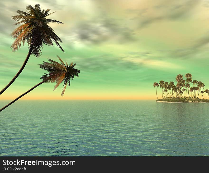 Coconut palm trees on a small island - digital artwork. Coconut palm trees on a small island - digital artwork