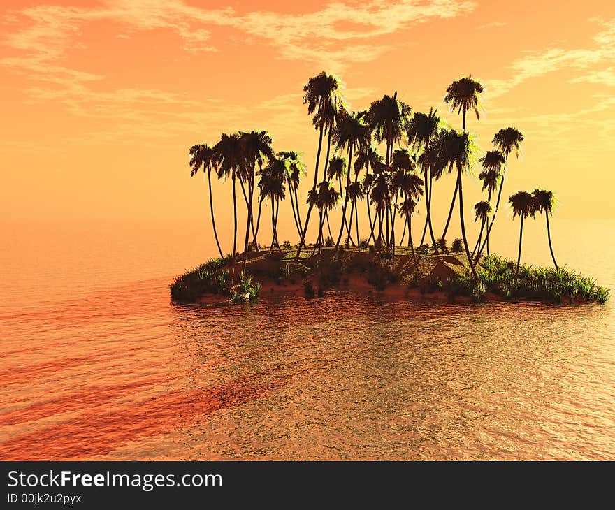 Sunset coconut palm trees on small island - 3d illustration.