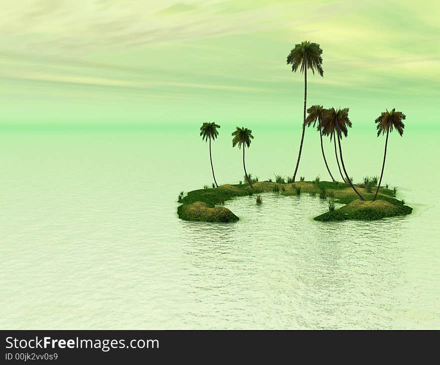 Coconut palm trees on a small island - digital artwork. Coconut palm trees on a small island - digital artwork