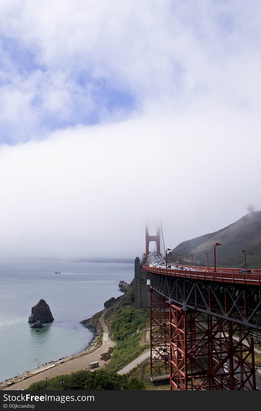 The San Francisco Golden Gate Bridge in the fog. The San Francisco Golden Gate Bridge in the fog