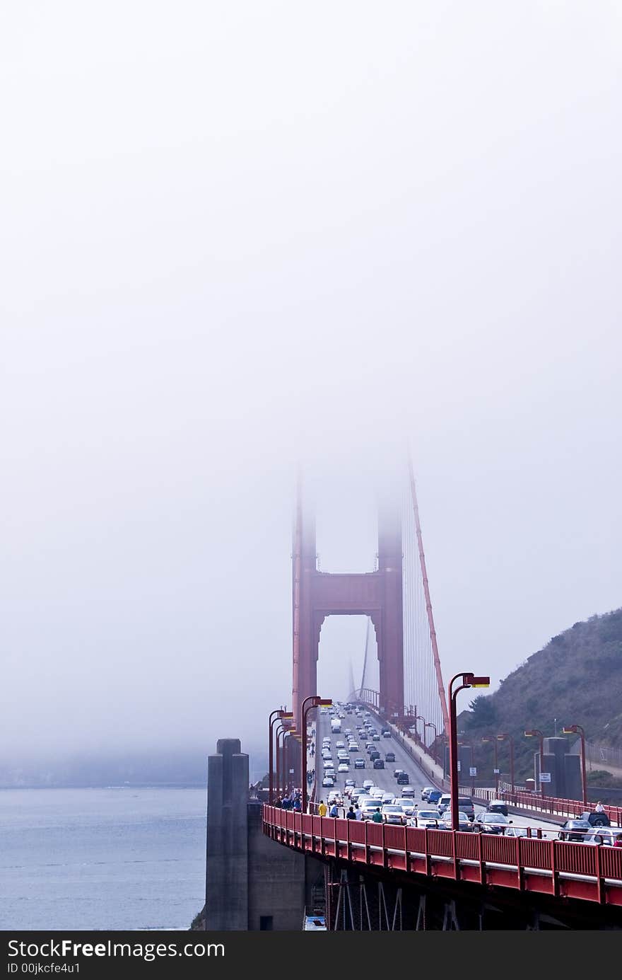 The San Francisco Golden Gate Bridge in the fog. The San Francisco Golden Gate Bridge in the fog