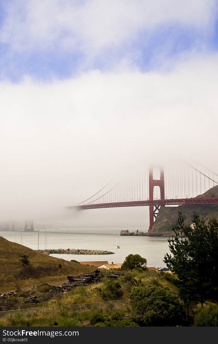 The San Francisco Golden Gate Bridge in the fog. The San Francisco Golden Gate Bridge in the fog