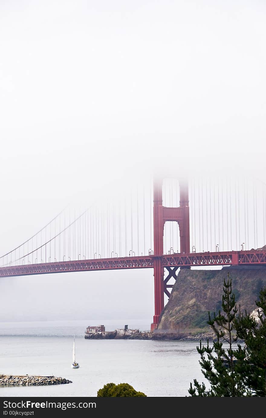 The San Francisco Golden Gate Bridge in the fog. The San Francisco Golden Gate Bridge in the fog