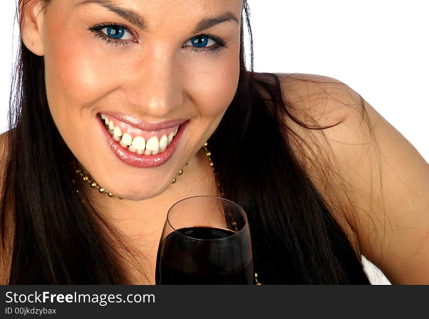 Smiling brunette with red wine isolated on white