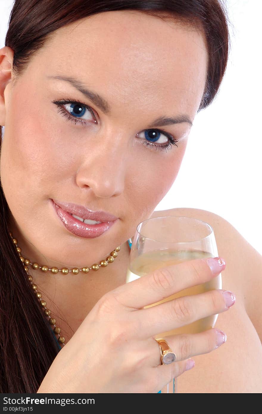 Sexy brunette with ice blue eyes and white wine isolated on white. Sexy brunette with ice blue eyes and white wine isolated on white