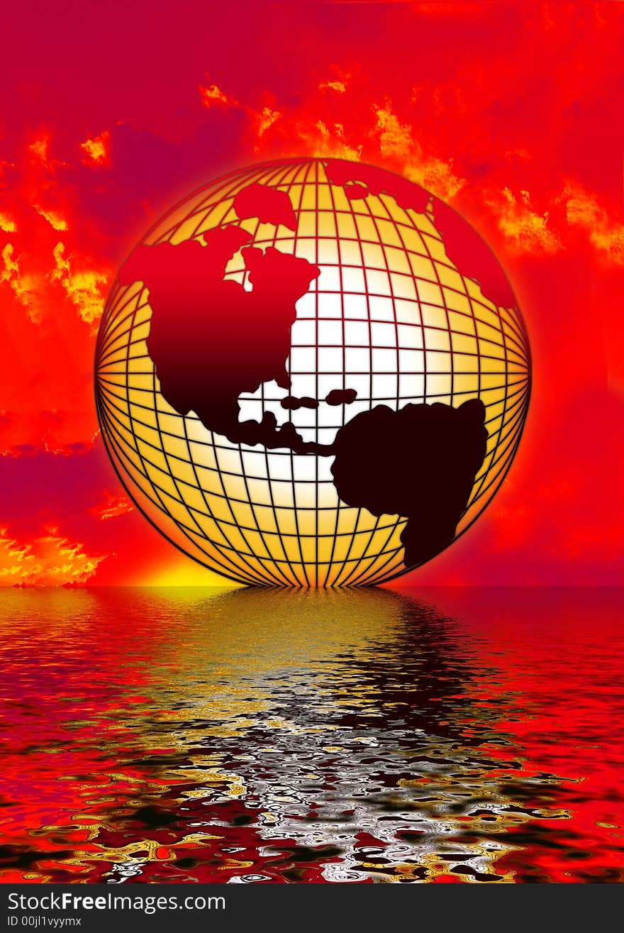 Globe with water reflection against red background. Globe with water reflection against red background