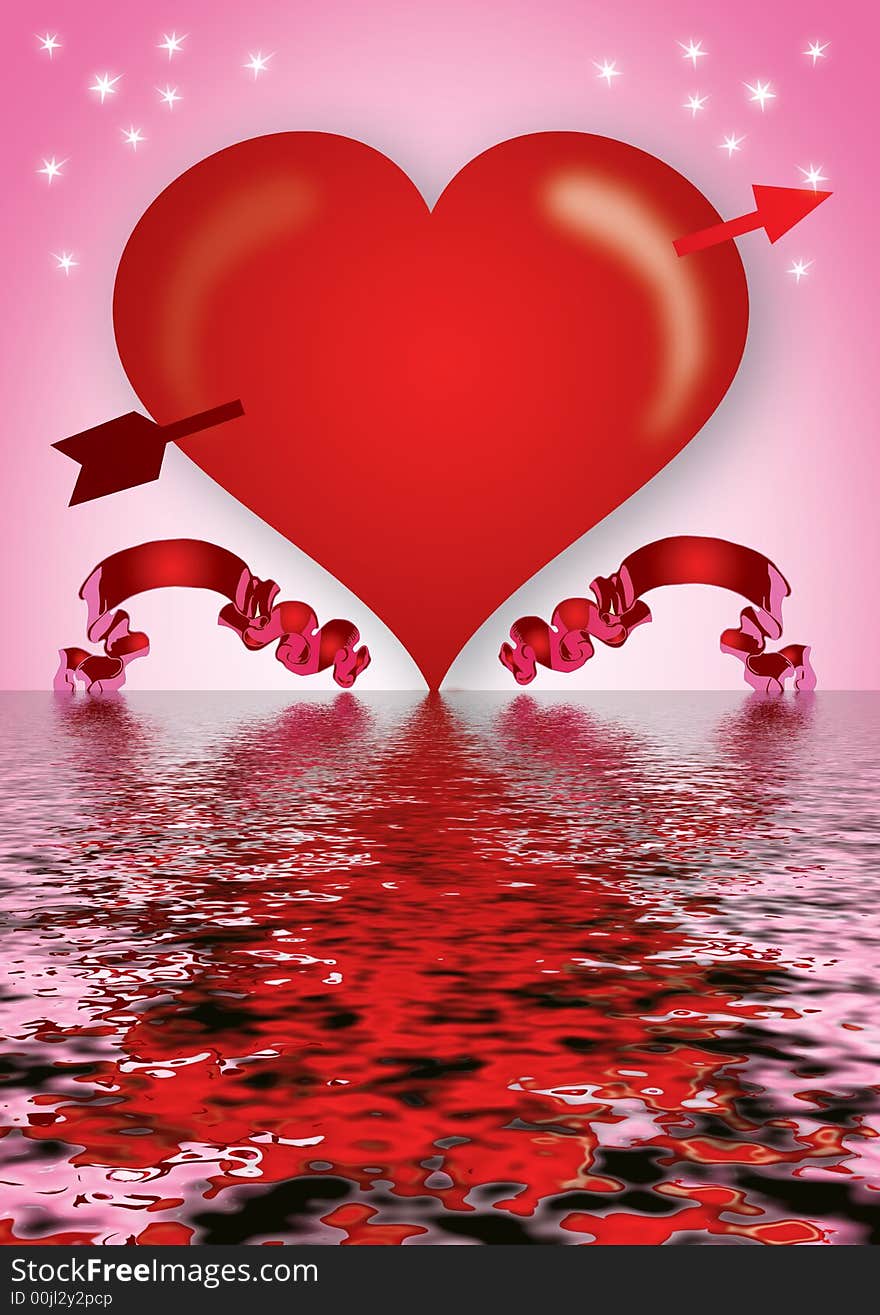 Abstract valentines background, heart with decorative swirls and banner in water. Abstract valentines background, heart with decorative swirls and banner in water