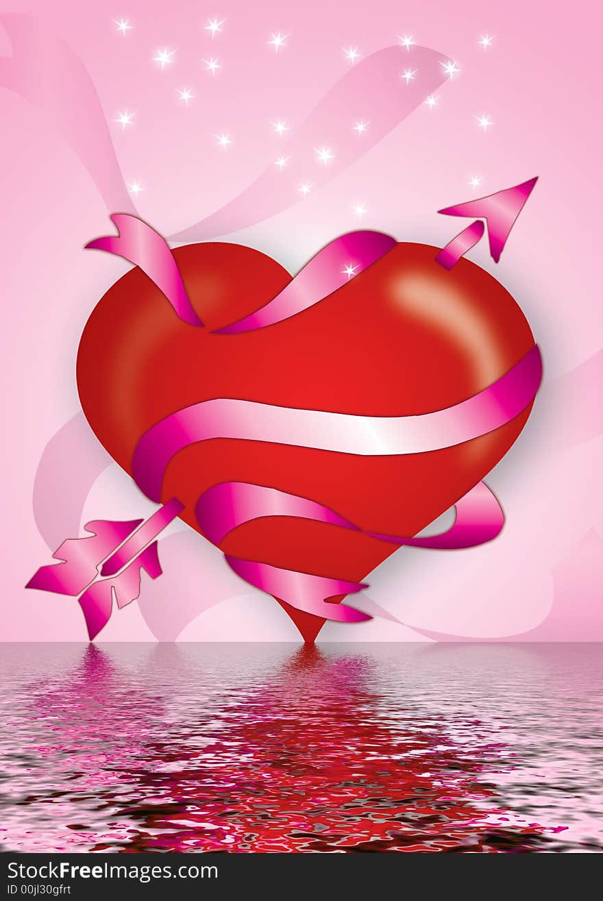 Abstract valentines background, heart with decorative swirls and banner in water. Abstract valentines background, heart with decorative swirls and banner in water