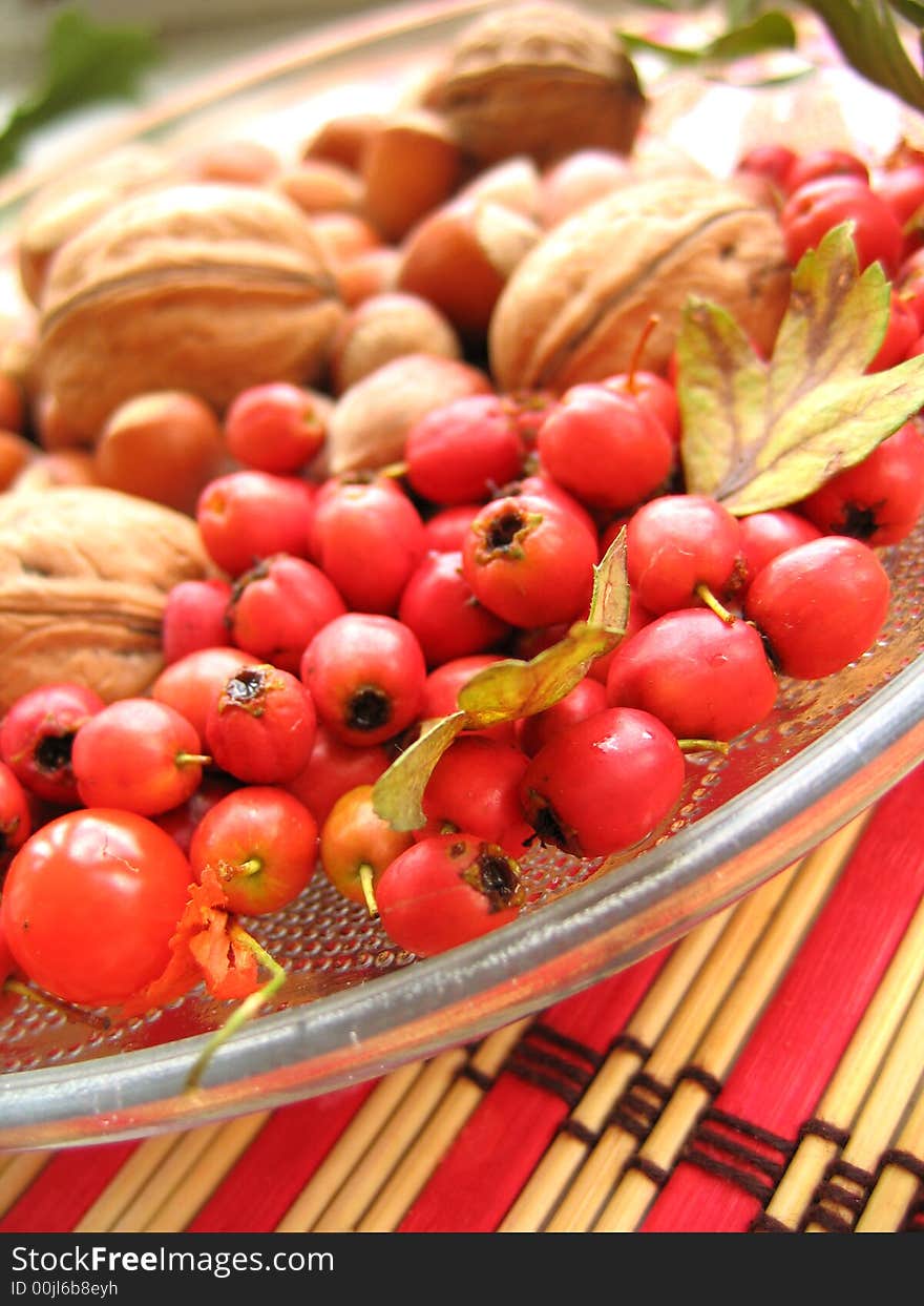 Hazelnuts, walnuts and haw assorted on the plate. Hazelnuts, walnuts and haw assorted on the plate