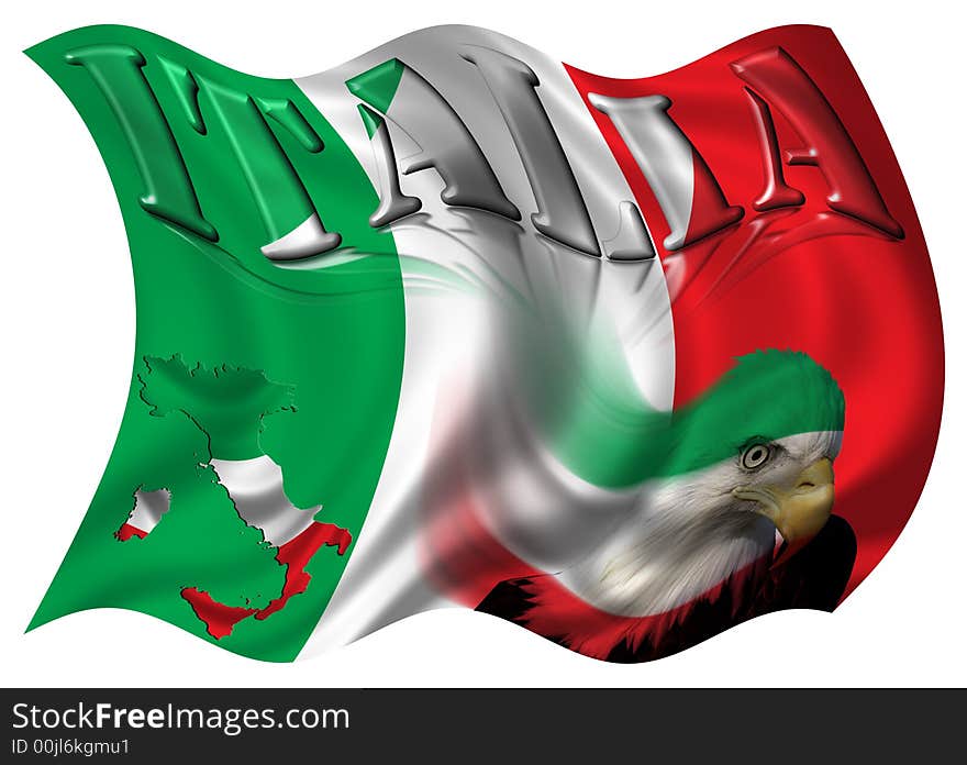 Italy Flag / Map & Eagle / White Background / Wind