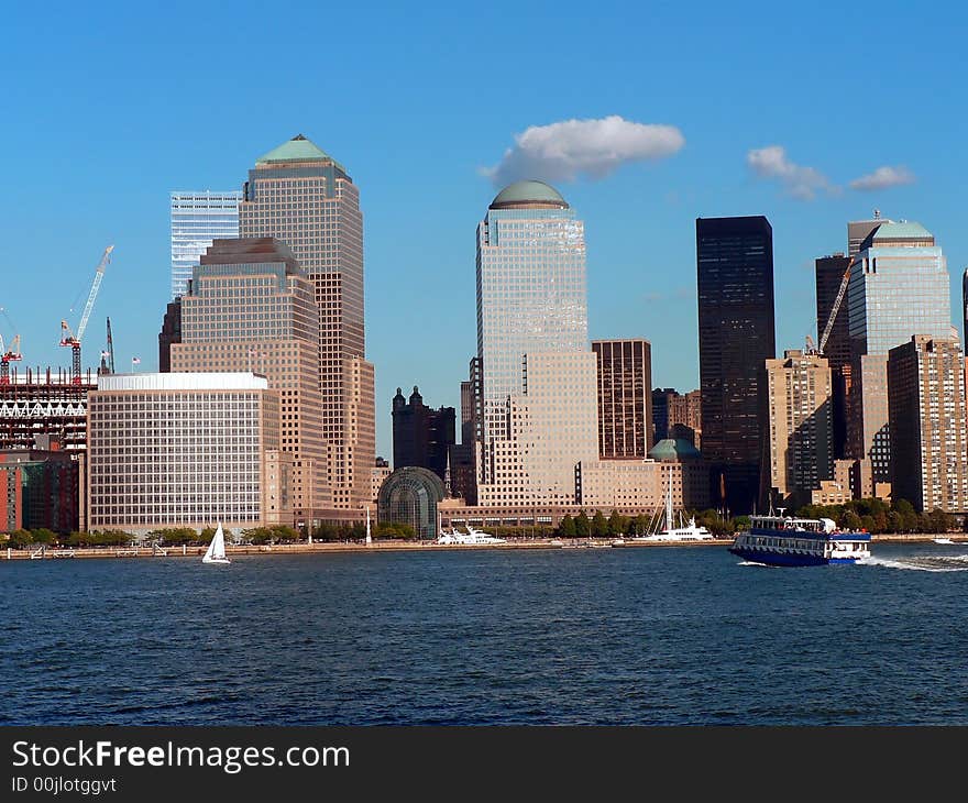 A view of Downton Manhattan's Financial District across the Hudson River. A view of Downton Manhattan's Financial District across the Hudson River