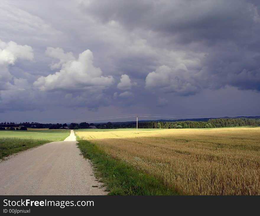 Estonian summer landscape with hayfield and dramatical stormy sky