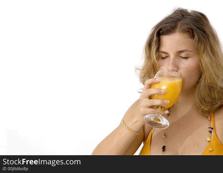 Girl Drinking Juice Isolated