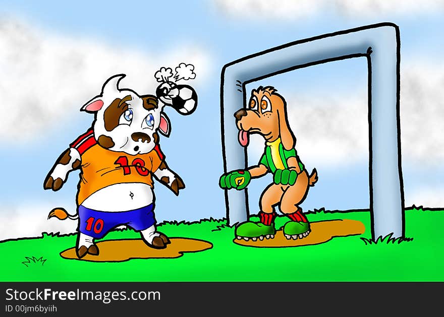 A cow try to heading the ball but got deflated. A cow try to heading the ball but got deflated