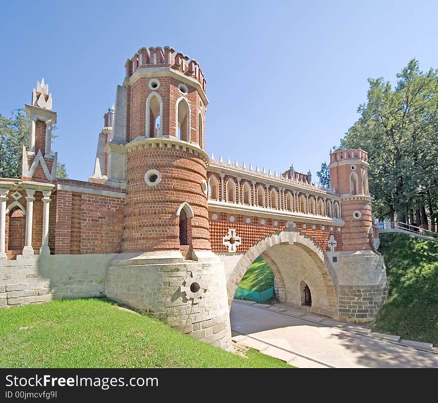 Tsaritsino reserve in Moscow. Restored old pedestrian bridge. Tsaritsino reserve in Moscow. Restored old pedestrian bridge