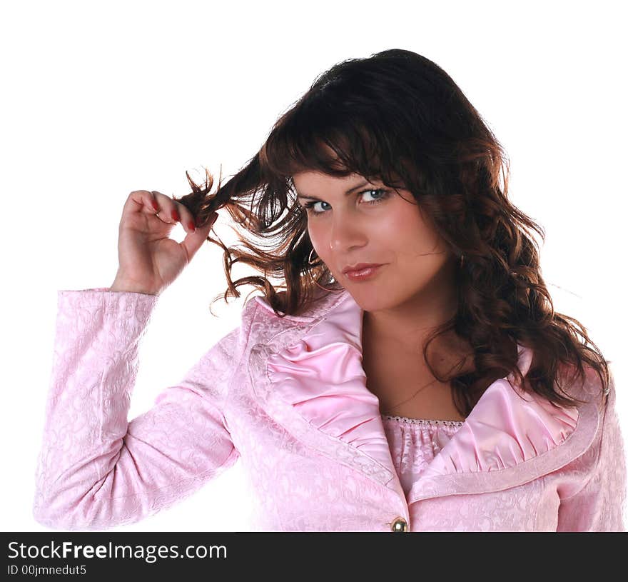 Woman holds hair in a hand