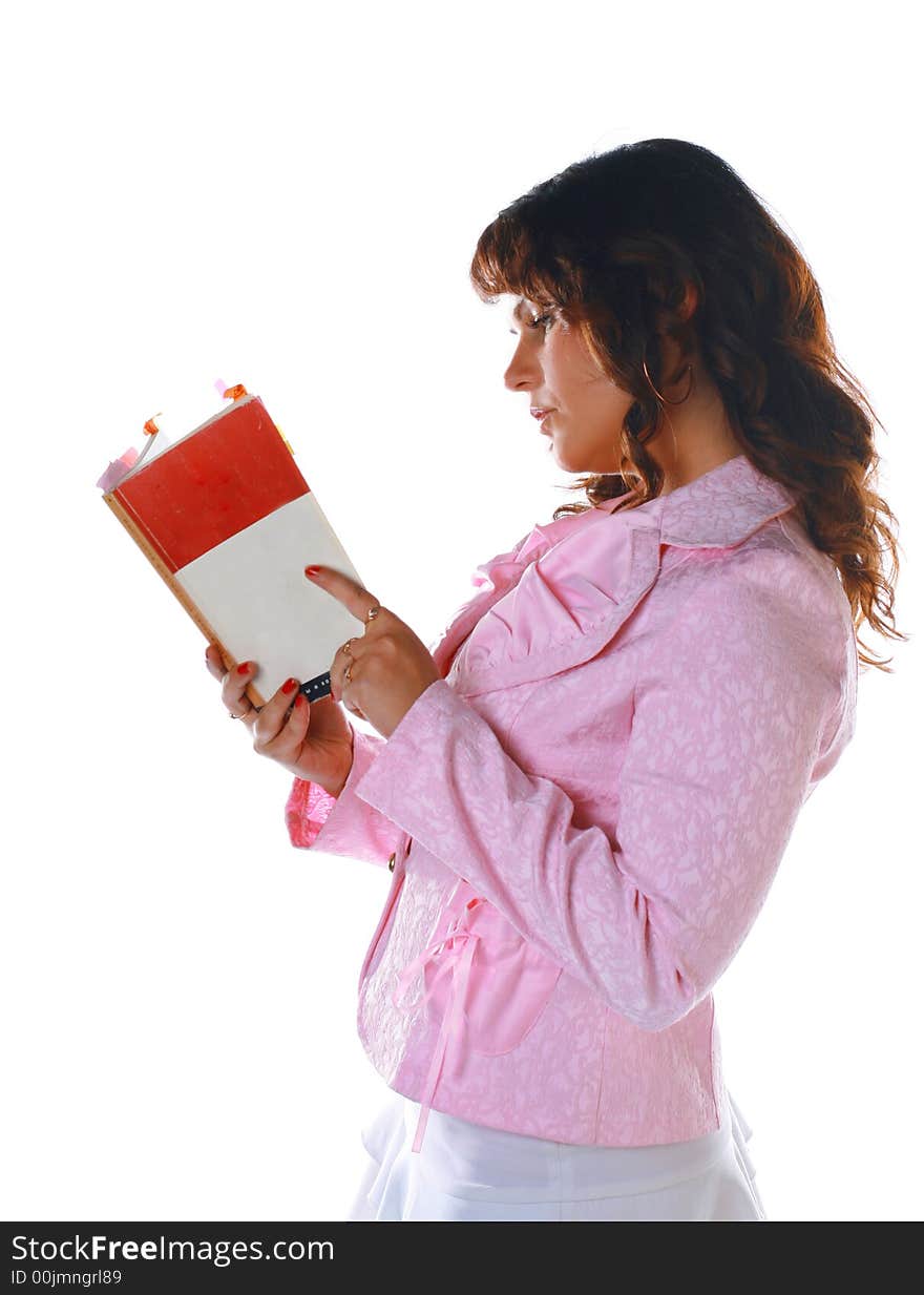 Woman with the book on a white background