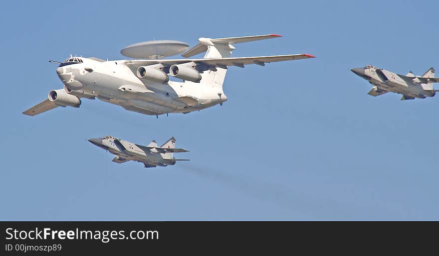 A-50 - the plane for remote radar detection and two interceptors. Fly-past at 95th anniversary of Russian Air Force. 11 August 2007. A-50 - the plane for remote radar detection and two interceptors. Fly-past at 95th anniversary of Russian Air Force. 11 August 2007