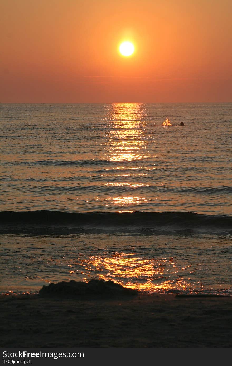 The sunset in the Baltic sea with a swimming man. The sunset in the Baltic sea with a swimming man