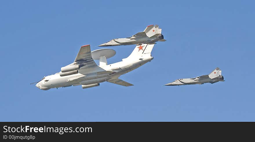 A-50 - the plane for remote radar detection and two interceptors. Fly-past at 95th anniversary of Russian Air Force. 11 August 2007. A-50 - the plane for remote radar detection and two interceptors. Fly-past at 95th anniversary of Russian Air Force. 11 August 2007