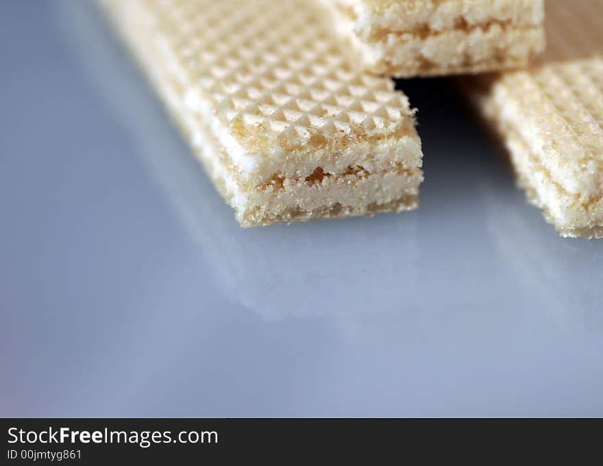 Two Wafers With Vanilla Cream, Stack With Reflection, Food, Sweets. Two Wafers With Vanilla Cream, Stack With Reflection, Food, Sweets