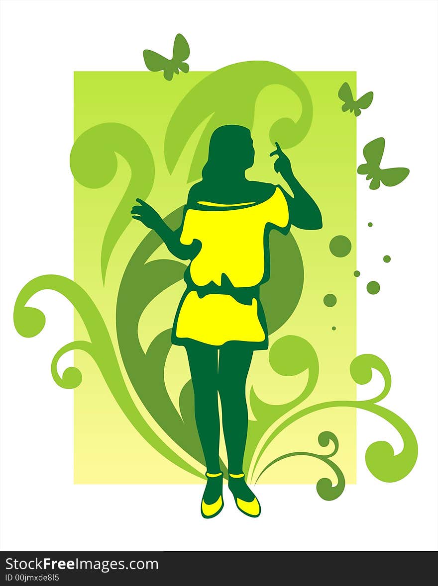 Dark female silhouette on a green background with a vegetative ornament and butterflies. Dark female silhouette on a green background with a vegetative ornament and butterflies.