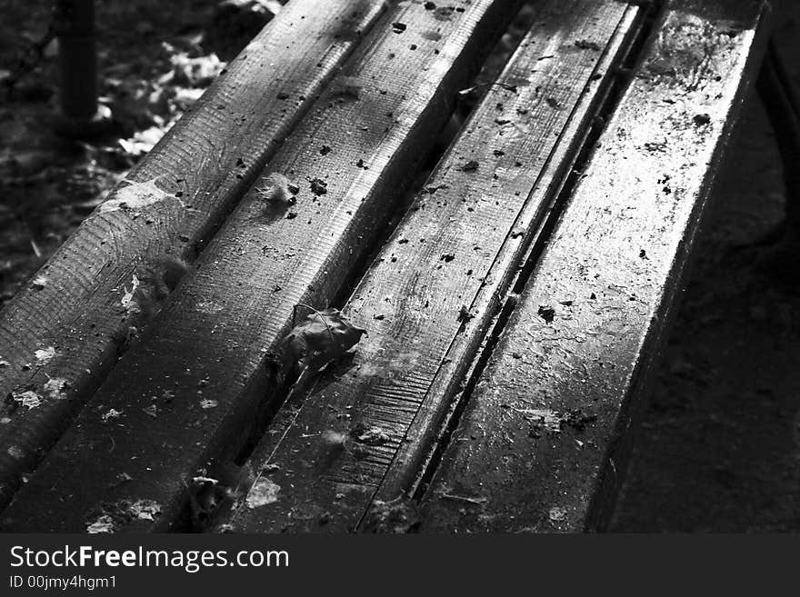 Dirty wooden park bench with pigeon scum and fallen leaves during early fall/autumn. Shot in black and white to give it a more tragic, lonely look. Highlighted spot to the right. Dirty wooden park bench with pigeon scum and fallen leaves during early fall/autumn. Shot in black and white to give it a more tragic, lonely look. Highlighted spot to the right.