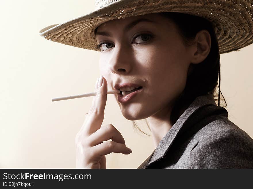 Old style portrait of young woman going to smoke. Special toned photo f/x. Old style portrait of young woman going to smoke. Special toned photo f/x