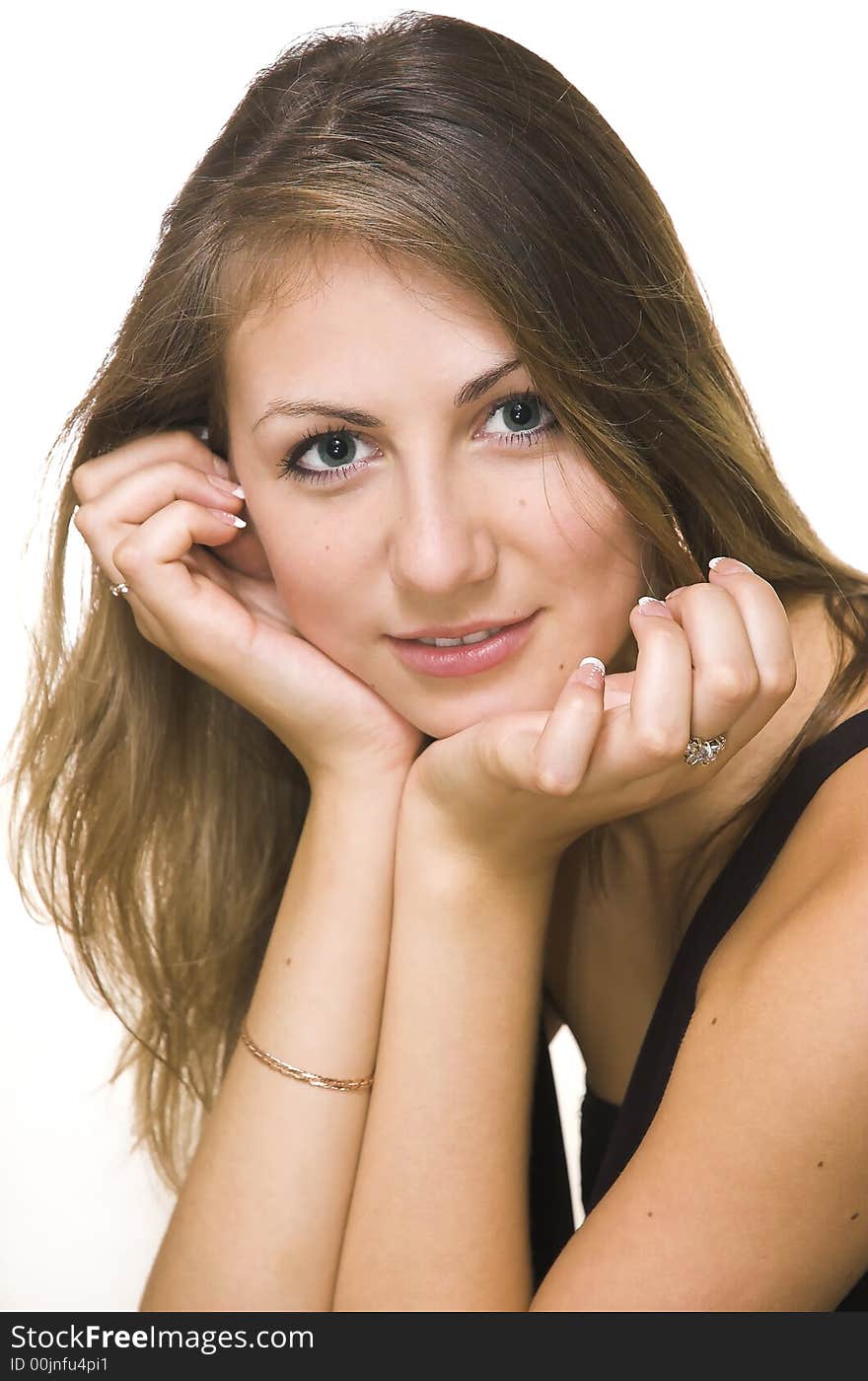 Portrait of the girl with long hair on a white background