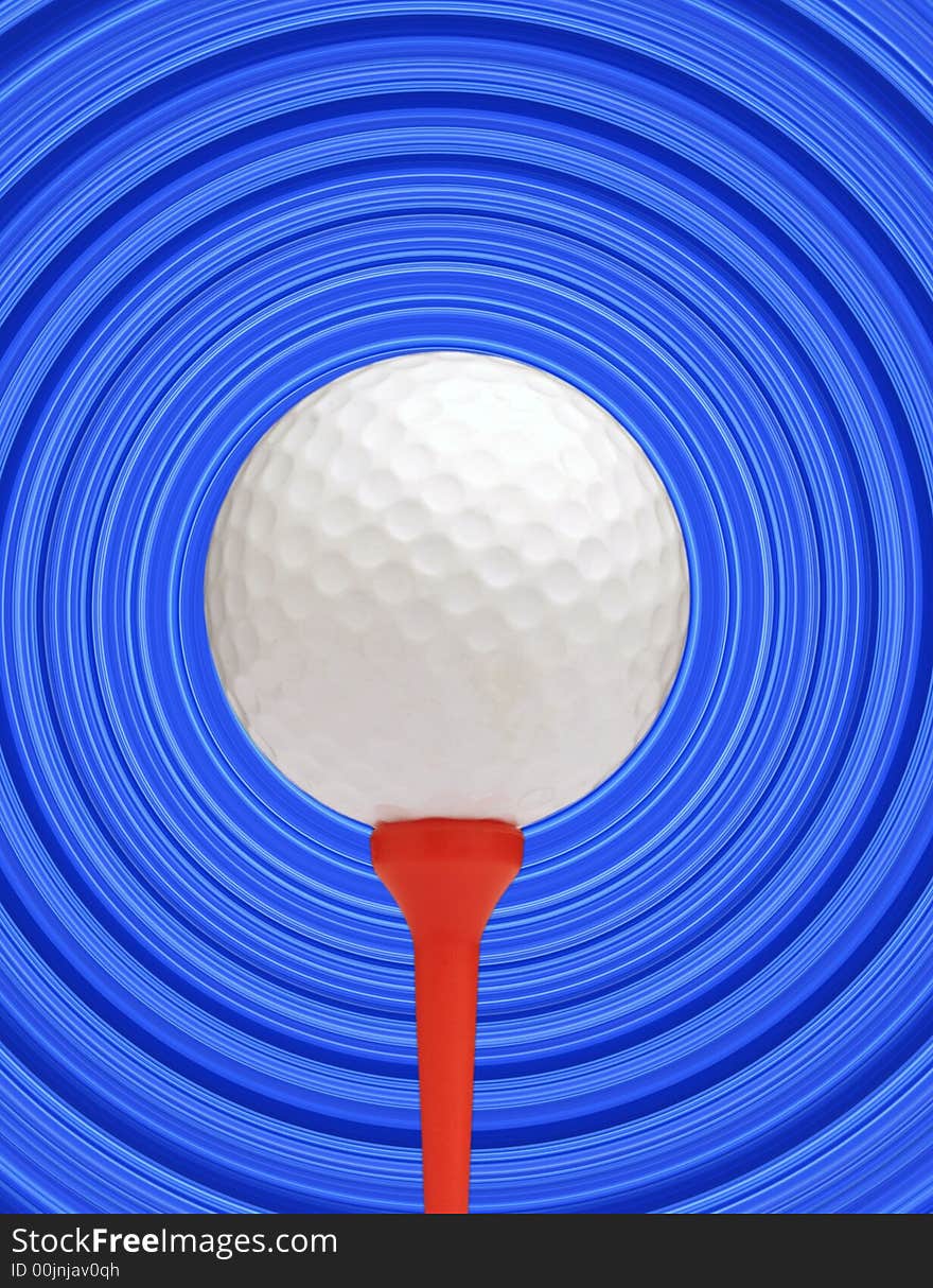 Golf ball on red tee with blue circle background. Golf ball on red tee with blue circle background