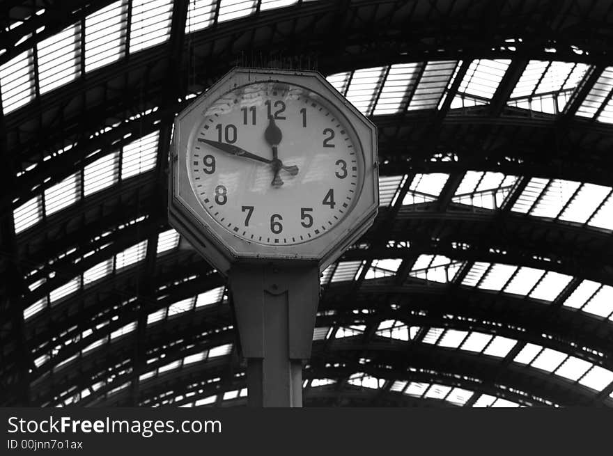 View of the clock on the train station. View of the clock on the train station