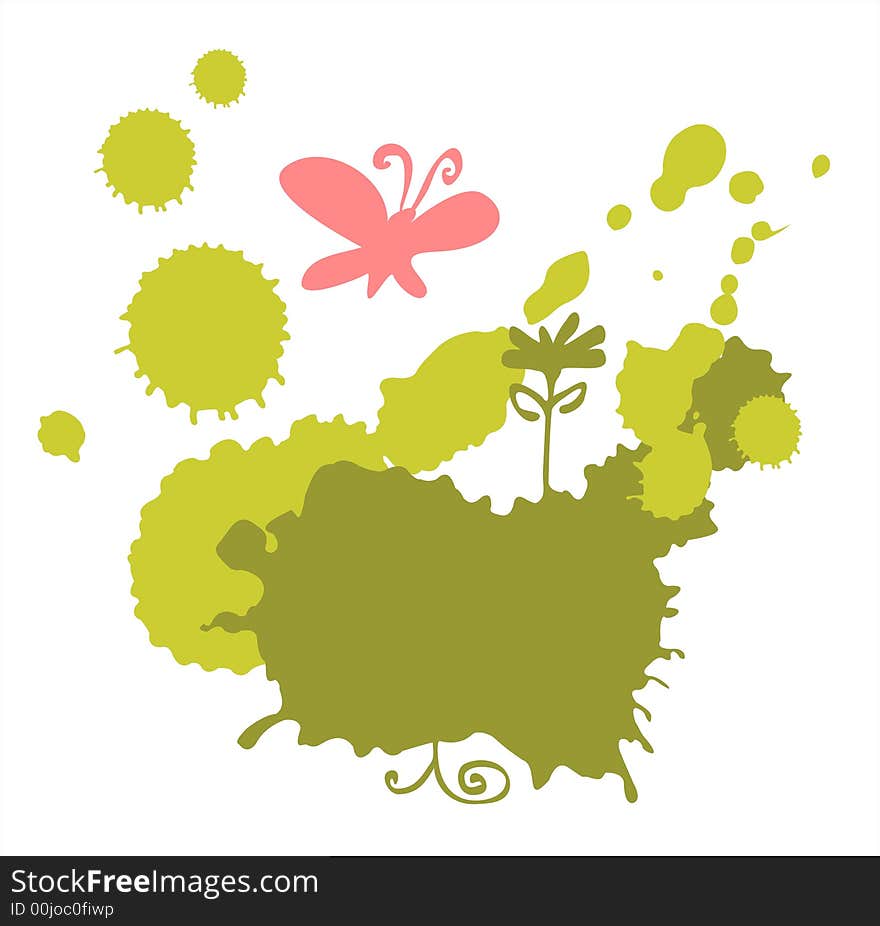 Green blots, flower and pink butterfly on a white background. Green blots, flower and pink butterfly on a white background.